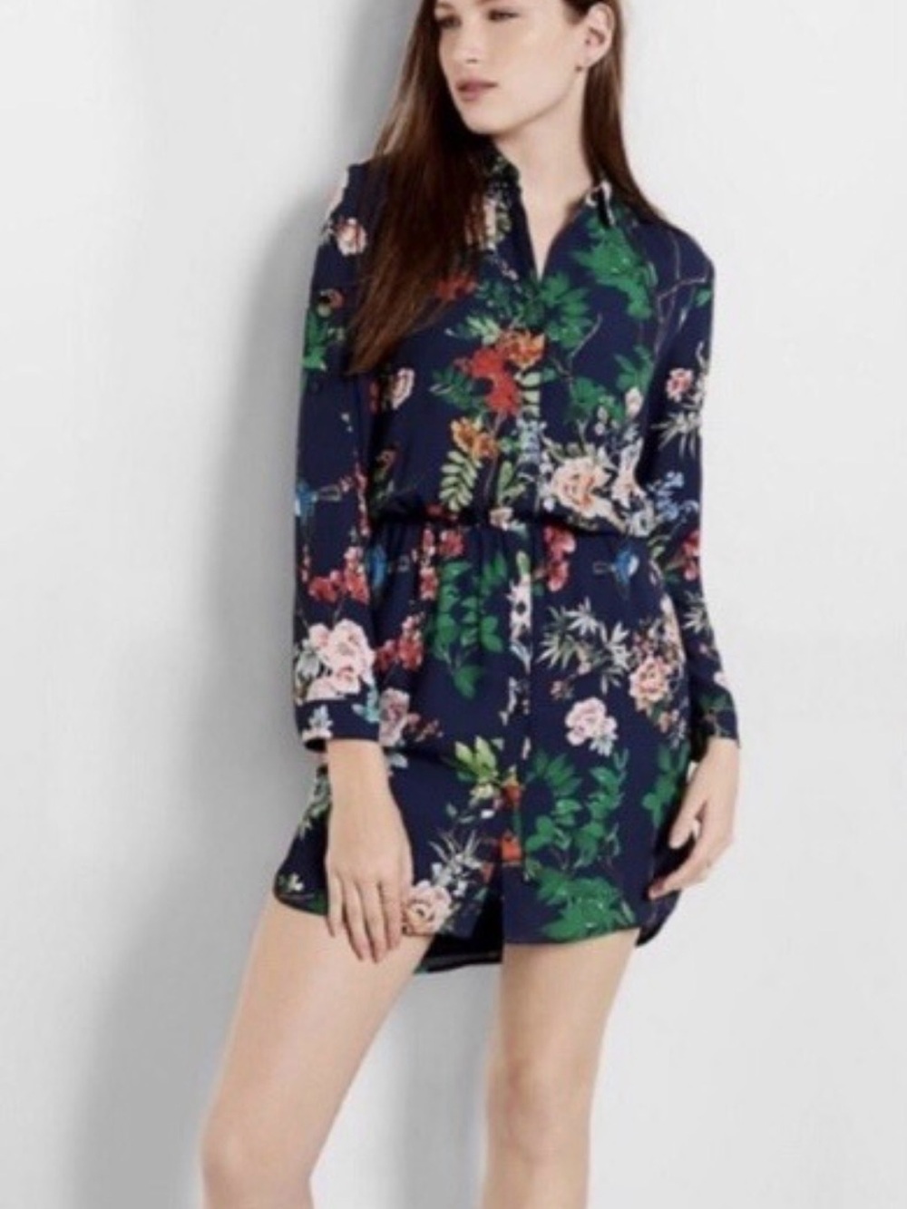 Express Navy Floral Button-Front Dress with Bright Floral Print